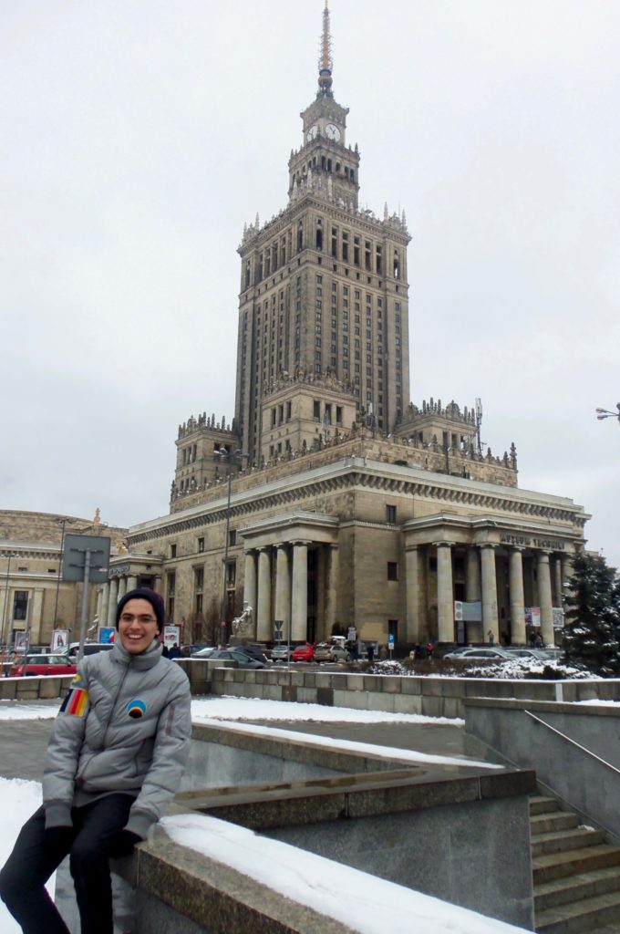 In front of the Palace of Culture and Science in Warsaw,