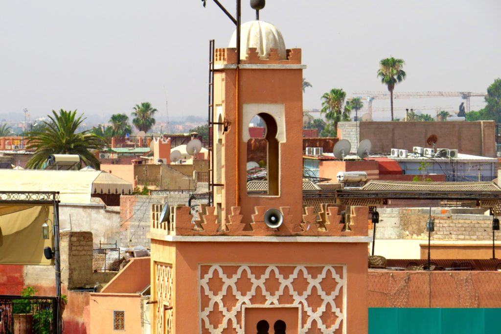 Minaret of a mosque in the Red City of Marrakech.
